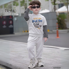 Set bộ tay dài thể thao unisex tay áo phối kẻ áo có mũ họa tiết ô tô đi chơi đi học 1 đến 7 tuổi BERNIE H0725B55