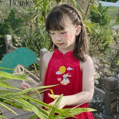 Set yếm lụa đỏ thêu thỏ ngọc kèm quần dài xanh tết trung thu bé gái chất lụa gấm BERNIE 1 tuổi đến 7 tuổi H0425B31 