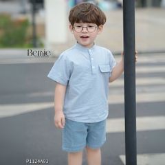 Áo sơ mi cổ trụ cho bé trai tay ngắn phối túi ngực nhiều màu size 9 tới 28kg BERNIE P1124A93