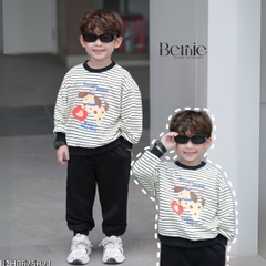 Set bộ nỉ tay dài kẻ sọc ngang phối màu họa tiết hình in cún dễ thương kèm quần dài unisex bé trai bé gái size 1 đến 7 tuổi BERNIE H0625B21