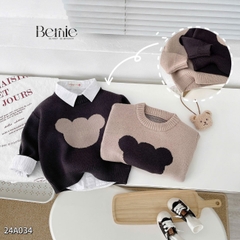 Áo len dài tay thêu phối màu hình mặt gấu dễ thương cho bé trai bé gái 1 đến 7 tuổi BERNIE 24A034