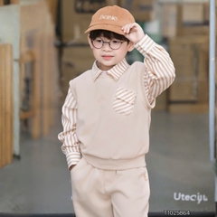 Set gilê kẻ 3 chi tiết áo sơ mi dài tay áo gi lê quần kaki cho né trai 1 đến 7 tuổi BERNIE 0724B40