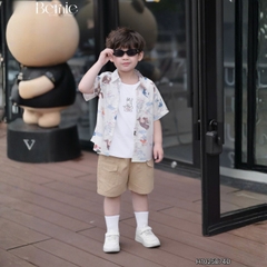  Set sơ mi 3 chi tiết tay ngắn cho bé trai họa tiết Mèo Khám Phá kèm quần short kaki size 9 tới 28kg BERNIE H1025B74Đ