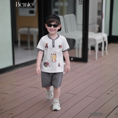 Set bộ tay ngắn cổ trụ họa tiết Gấu Funny và quần short đi chơi đi biển cho bé trai size 1 tới 7 tuổi BERNIE H1125B37