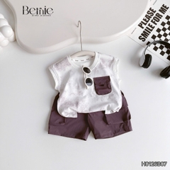 Set bộ tanktop áo thun họa tiết loang phối túi năng động kèm quần short gió mềm cho bé trai size 9 đến 28kg BERNIE H0126B07