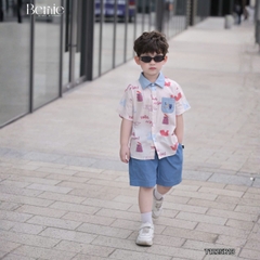 Set bộ đi chơi tay ngắn áo sơ mi họa tiết in tràn Idol cho bé trai kèm quần short denim size 11 đến 28kg BERNIE T1255B13