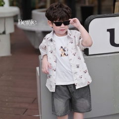  Set sơ mi 3 chi tiết áo tay ngắn họa tiết in tràn Cún áo ba lỗ kèm quần short kaki cho bé trai 9 tới 28kg BERNIE H1225B38