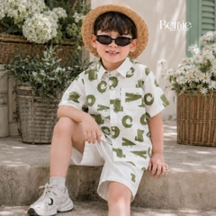 Set bộ sơ mi tay ngắn cho bé trai họa tiết cá sấu vui nhộn kèm quần short kaki size 11kg tới 28kg BERNIE H0226B01