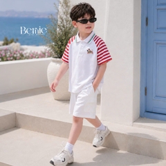 Set polo thêu ngựa áo tay ngắn raplang kẻ sọc kèm quần short kaki cho bé trai size 11 đến 28kg BERNIE H0226B35