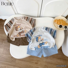 Set tay ngắn áo raplang họa tiết kẻ Good boy kèm quần short kaki cho bé trai size 9 đến 28kg BERNIE H0226B36