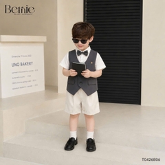 Set bộ vest gile Quý tộc cho bé trai áo sơ mi tay ngắn phối gile kèm quần và nơ cà vạt 9 tới 25kg BERNIE T0426B06