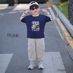 Set bộ dài áo thun cotton tay phối kẻ Play Time kèm quần gió dài cho bé trai size 11 tới 28kg BERNIE T0426B12