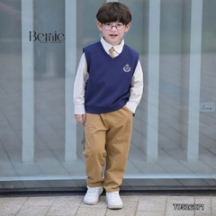 Set bộ 4CT áo sơ mi tay dài áo gi lê rời thêu phù hiệu kèm cà vạt và quần kaki size 1 đến 7 tuổi BERNIE T0526B71