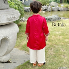 Áo dài bé trai kèm quần bé trai lụa gân màu đỏ màu vàng phối gấm rồng BERNIE bé từ 9 đến 24kg 22b490