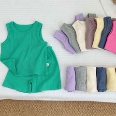 Set đồ bộ thun ngắn tay ba lỗ cho bé trai bé gái hàn quốc màu trơn chất thun tăm mặc nhà đi học BERNIE từ 1 đến 7 tuổi