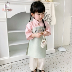Áo dài cách tân bé gái chất Tafta lụa BERNIE màu xanh hồng bé mặc Tết đi tiệc đi chơi đi học