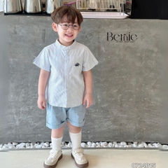 Set sơ mi tay ngắn cổ trụ kẻ sọc thêu khủng long và cá sấu cho bé trai 9kg tới 25kg Bernie 1223B025