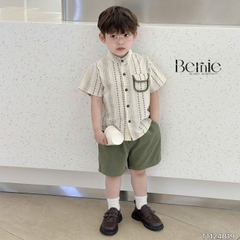 Set sơ mi cổ trụ chất đũi ngắn tay họa tiết thổ cẩm kèm quần short kaki cho bé từ 9kg tới 28kg BERNIE T1124B19