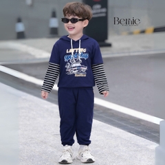 Set bộ tay dài thể thao unisex tay áo phối kẻ áo có mũ họa tiết ô tô đi chơi đi học 1 đến 7 tuổi BERNIE H0725B55