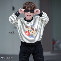 Set bộ nỉ tay dài kẻ sọc ngang phối màu họa tiết hình in cún dễ thương kèm quần dài unisex bé trai bé gái size 1 đến 7 tuổi BERNIE H0625B21
