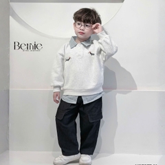 Set bộ nỉ tay dài phối cổ sơ mi sọc họa tiết thêu cún dễ thương kèm quần dài cho bé trai size 1 đến 7 tuổi BERNIE H0525B41