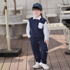 Set gilê kẻ 3 chi tiết áo sơ mi dài tay áo gi lê quần kaki cho né trai 1 đến 7 tuổi BERNIE 0724B40