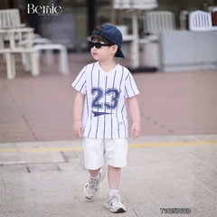 Set bộ thể thao tay ngắn họa tiết kẻ sọc số 23 cho bé trai kèm quần short size 9 tới 28kg BERNIE T1025B66Đ