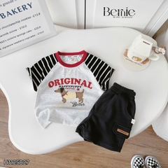 Set bộ tay ngắn raplang phối tay áo kẻ họa tiết Original kèm quần short da cá cho bé trai 1 đến 7 tuổi BERNIE H1125B27