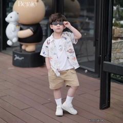  Set sơ mi 3 chi tiết tay ngắn cho bé trai họa tiết Mèo Khám Phá kèm quần short kaki size 9 tới 28kg BERNIE H1025B74Đ