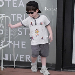 Set bộ tay ngắn cổ trụ họa tiết Gấu Funny và quần short đi chơi đi biển cho bé trai size 1 tới 7 tuổi BERNIE H1125B37
