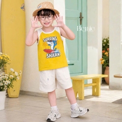 Set bộ ba lỗ áo thun phối màu họa tiết Baby Shark kèm quần short cho bé trai đi chơi đi biển size 1 tới 7 tuổi BERNIE H0326B34