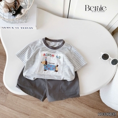 Set bộ bé trai áo thun tay ngắn họa tiết kẻ ngang Sausage Dog kèm quần short kaki cho bé trai size 9 đến 28kg BERNIE H0326B37
