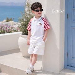 Set polo thêu ngựa áo tay ngắn raplang kẻ sọc kèm quần short kaki cho bé trai size 11 đến 28kg BERNIE H0226B35