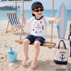 Set bộ đi biển bé trai áo thun tay ngắn raplang the Sea kèm quần short kẻ size 1 đến 7 tuổi BERNIE H0226B34