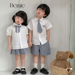 Set sơ mi kẻ Blue Schoo cho bé trai bé gái áo sơ mi trắng kèm quần hoặc chân váy cùng cà vạt và nơ rời size 11 tới 28kg BERNIE V0526B73