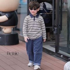 Set bộ dài tay cho bé trai áo polo họa tiết kẻ thêu Dog phối quần dài suông denim size 11 tới 28kg BERNIE V0426B37