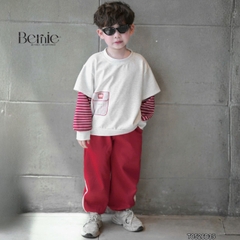 Set bộ cotton phối kẻ BNE Sport áo tay dài kèm quần cho bé trai size 9 tới 25kg BERNIE T0526B35