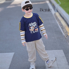 Set bộ dài áo thun cotton tay phối kẻ Play Time kèm quần gió dài cho bé trai size 11 tới 28kg BERNIE T0426B12