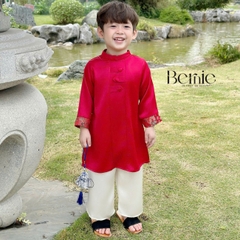 Áo dài bé trai kèm quần bé trai lụa gân màu đỏ màu vàng phối gấm rồng BERNIE bé từ 9 đến 24kg 22b490