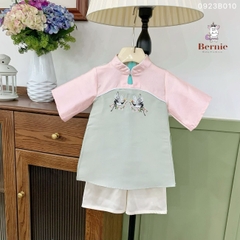 Áo dài cách tân bé gái chất Tafta lụa BERNIE màu xanh hồng bé mặc Tết đi tiệc đi chơi đi học