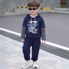 Set bộ tay dài thể thao unisex tay áo phối kẻ áo có mũ họa tiết ô tô đi chơi đi học 1 đến 7 tuổi BERNIE H0725B55