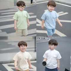 Áo sơ mi cổ trụ cho bé trai tay ngắn phối túi ngực nhiều màu size 9 tới 28kg BERNIE P1124A93