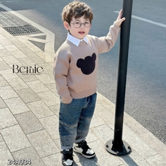Áo len dài tay thêu phối màu hình mặt gấu dễ thương cho bé trai bé gái 1 đến 7 tuổi BERNIE 24A034