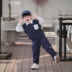 Set gilê kẻ 3 chi tiết áo sơ mi dài tay áo gi lê quần kaki cho né trai 1 đến 7 tuổi BERNIE 0724B40