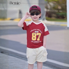 Set bộ thể thao phối màu tay ngắn họa tiết số 87 kèm quần short cho bé trai size 9 tới 28kg BERNIE T1025B65Đ