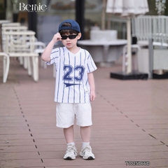 Set bộ thể thao tay ngắn họa tiết kẻ sọc số 23 cho bé trai kèm quần short size 9 tới 28kg BERNIE T1025B66Đ