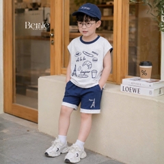 Set bộ cho bé trai áo tanktop họa tiết Bonjour phối màu kèm quần short size 9 tới 28kg BERNIE H0226B29
