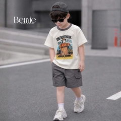 Set bộ tay ngắn áo thun họa tiết Happy Worker kèm quần short kaki cho bé trai size 9 đến 28kg BERNIE H0326B35