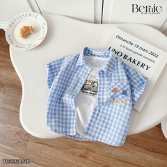 Áo sơ mi caro xannh ngắn tay kèm áo ba lỗ ô tô cho bé trai đi chơi đi biển mặc nhà size 9 tới 27kg BERNIE T0326A01Đ