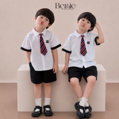 Set sơ mi 3CT Lucky Cool ngầu cho bé trai áo tay ngắn và quần short kèm cà vạt rời size 11 tới 28kg BERNIE T0326B29